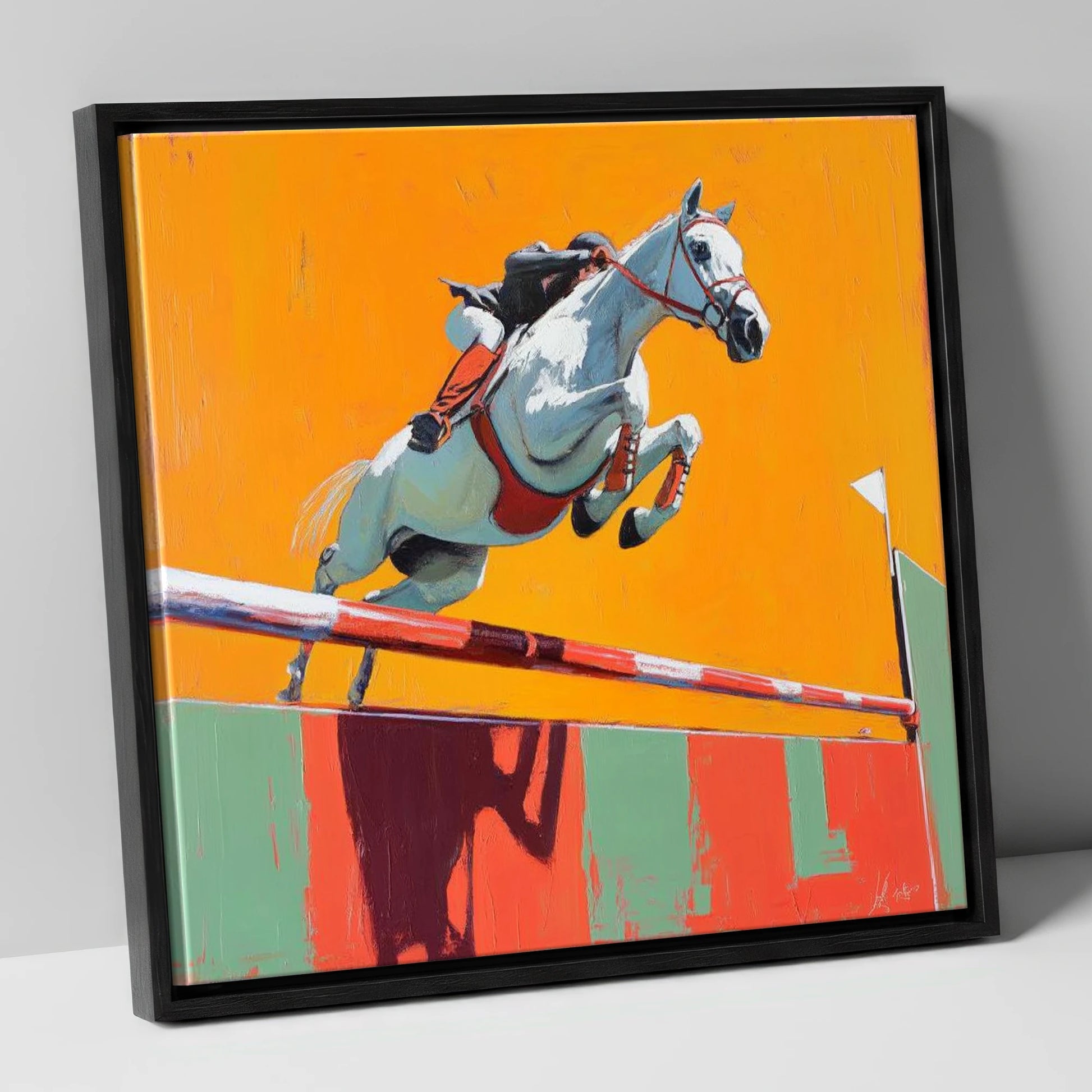 Power In Flight show jumping horse canvas wall art in black frame