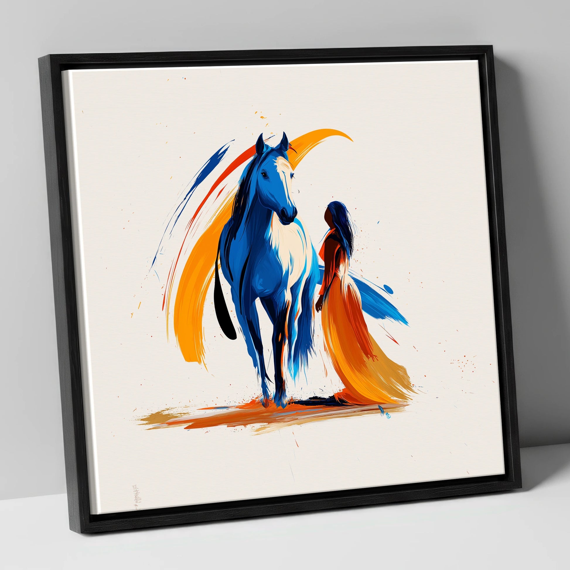 Azure and Amber Bond horse & rider canvas wall art in black frame