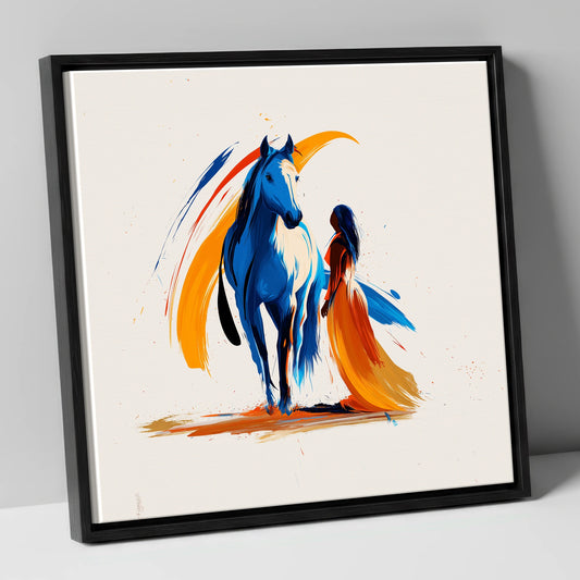 Azure and Amber Bond horse & rider canvas wall art in black frame