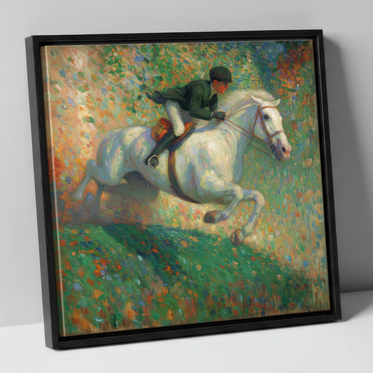 The Painted Leap show jumping horse canvas wall art in black frame