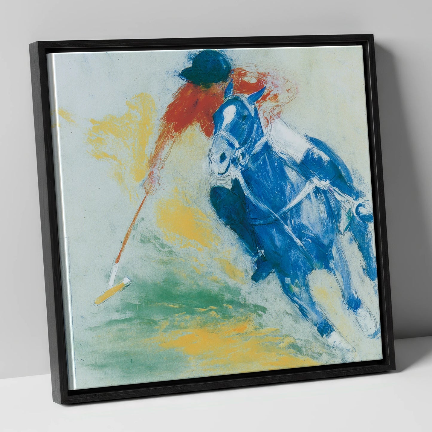 Cerulean Polo Strike polo horse canvas wall art in black frame