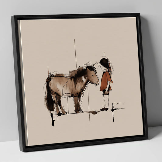 Young Girl and Sepia Pony horse & rider canvas wall art in black frame