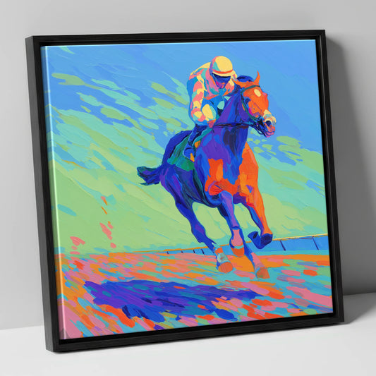 Vibrant Homestretch racing horse canvas wall art in black frame