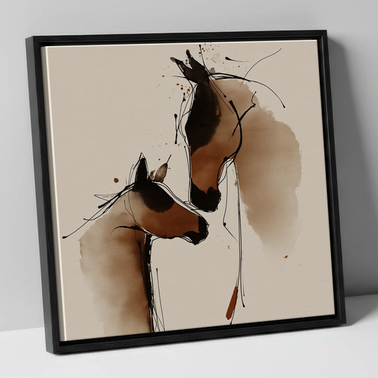 Warm Sepia Mare and Foal Profiles mare & foal canvas wall art in black frame