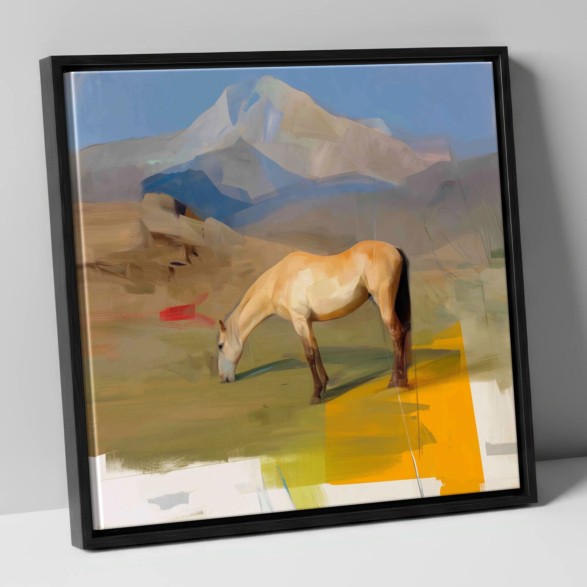 Golden Mountain Pasture horse landscape canvas wall art in black frame