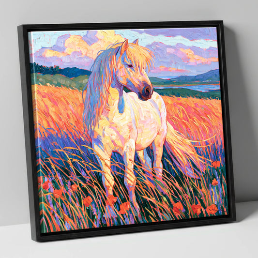 Palomino Pony In Vibrant Meadow horse breed canvas wall art in black frame