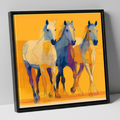 Vivid Strides in Gold horse landscape canvas wall art in black frame