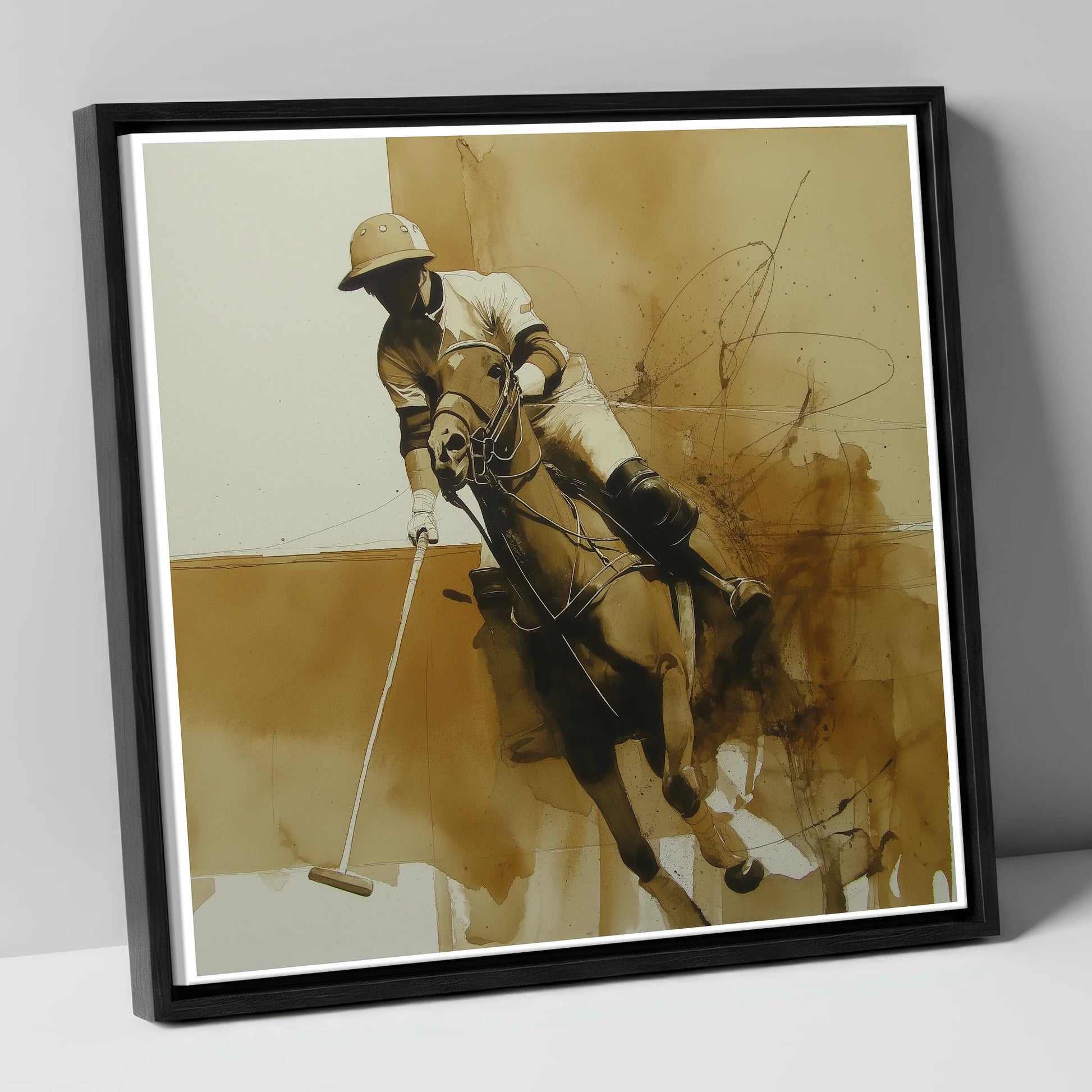 Sepia Polo Momentum polo horse canvas wall art in black frame