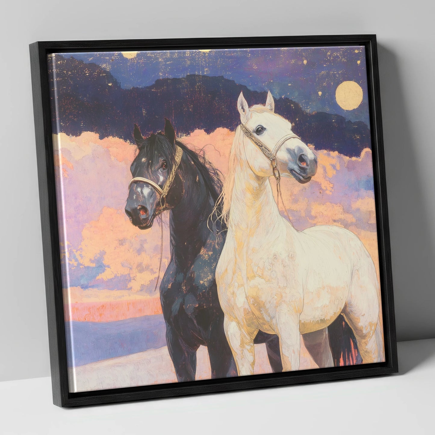 Midnight and Dawn horse landscape canvas wall art in black frame