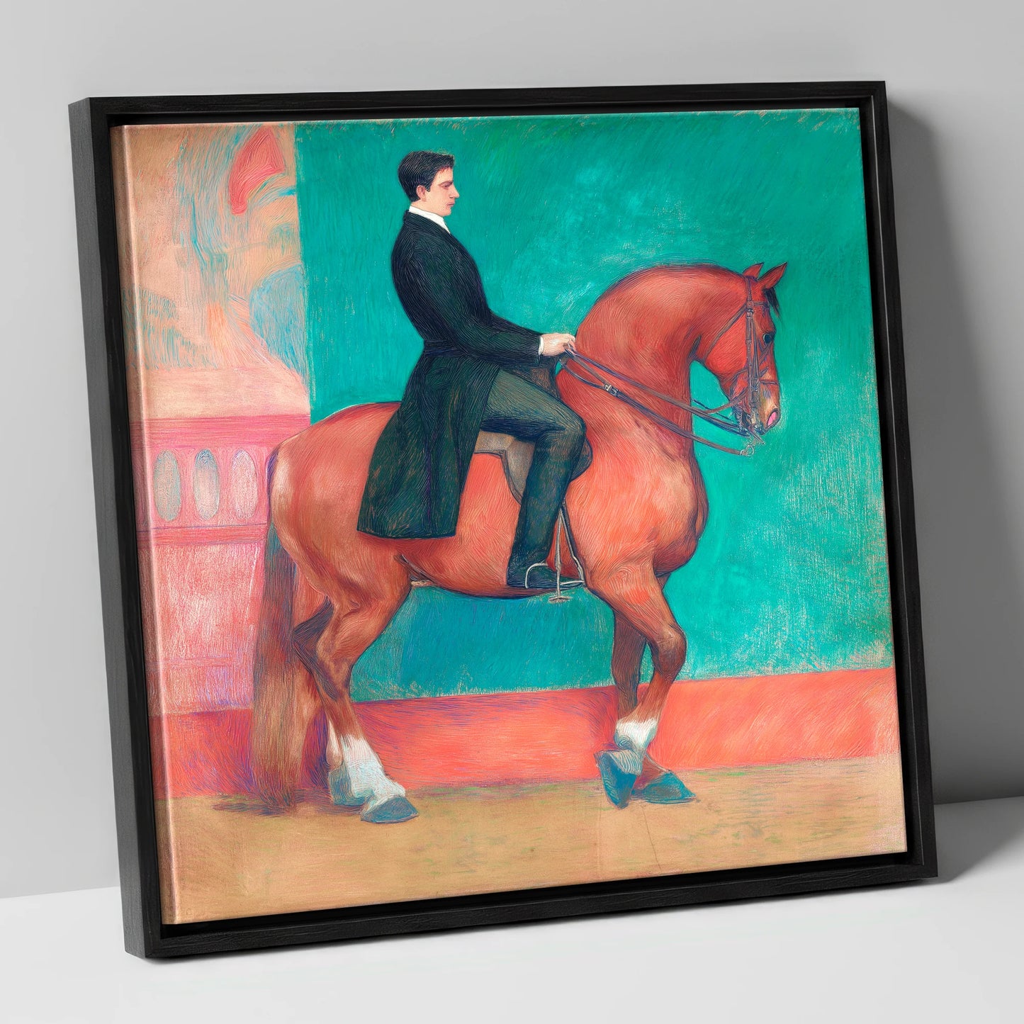 Collected Chestnut in Emerald dressage horse canvas wall art in black frame