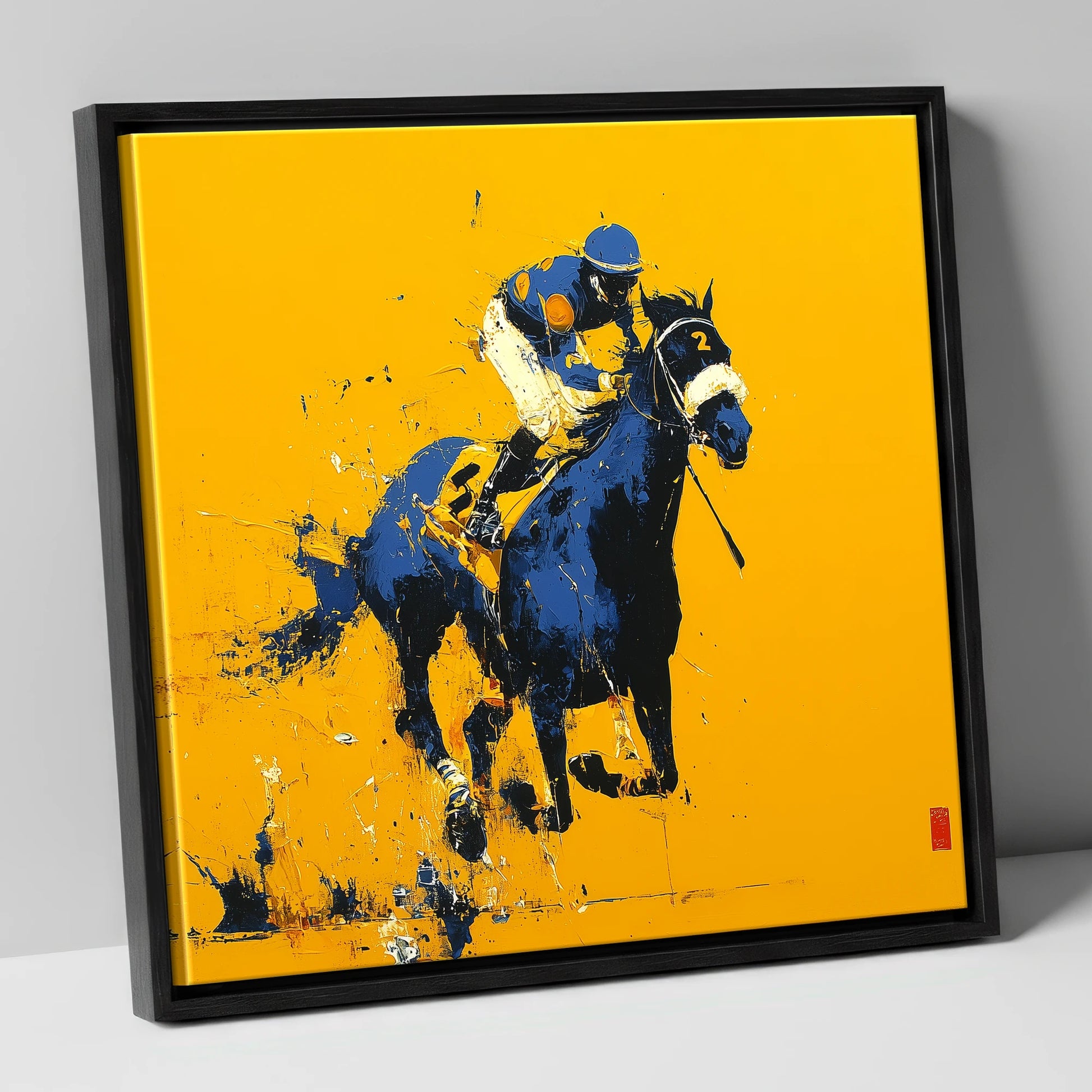 Cobalt Gallop racing horse canvas wall art in black frame
