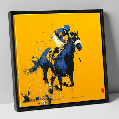 Cobalt Gallop racing horse canvas wall art in black frame