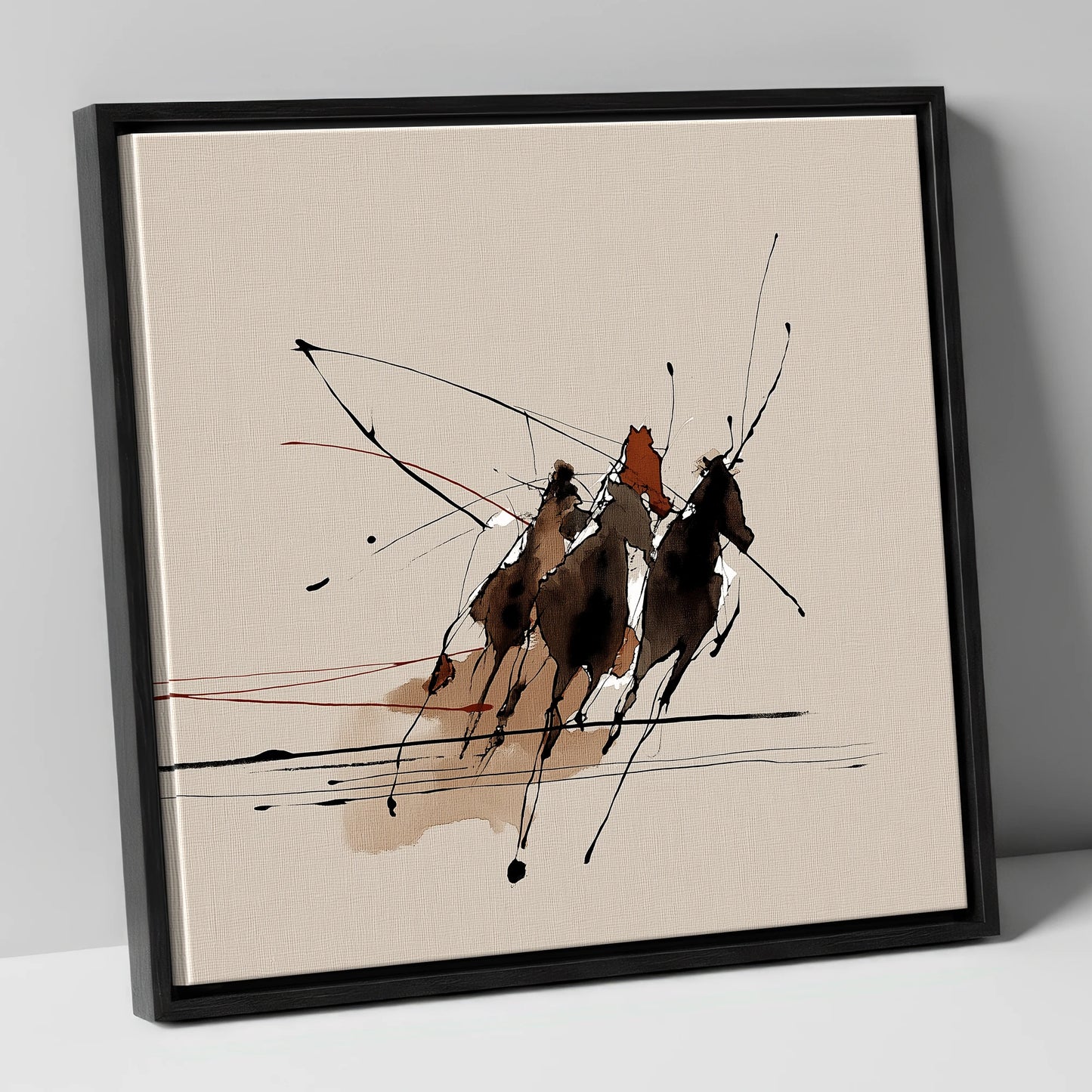 Abstract Polo Charge polo horse canvas wall art in black frame