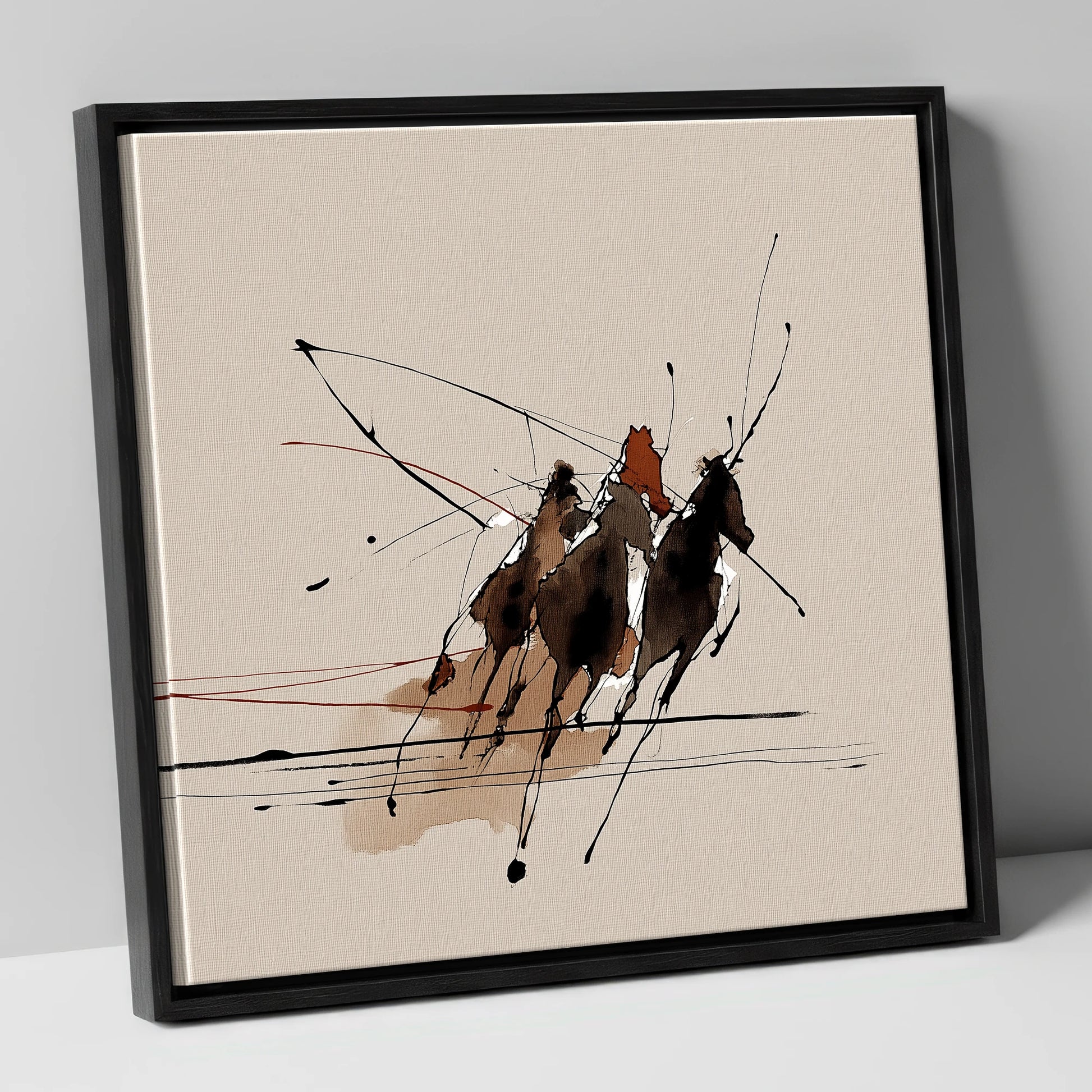 Abstract Polo Charge polo horse canvas wall art in black frame