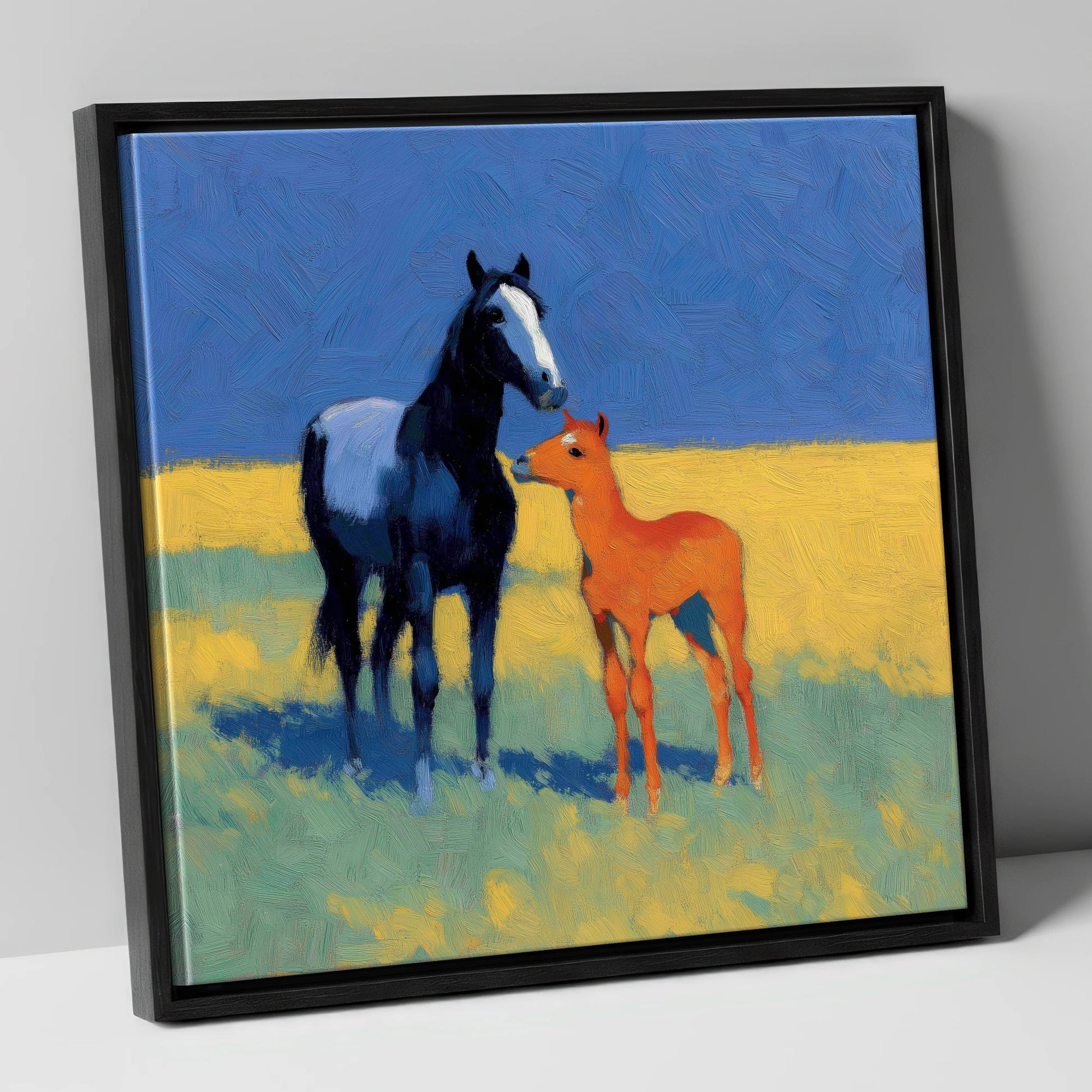 Azure Summer Bond mare & foal canvas wall art in black frame