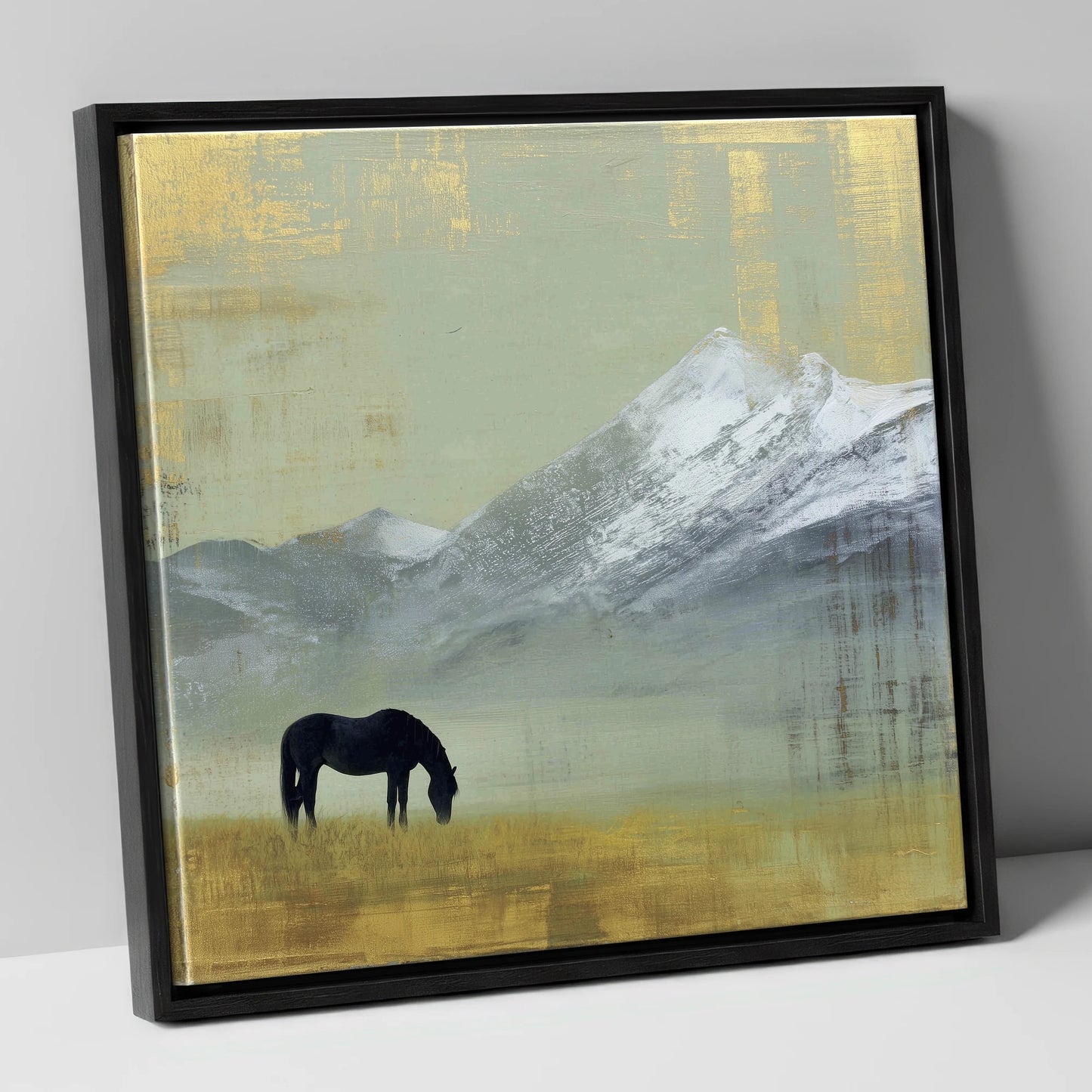Gilded Mountain Solitude horse landscape canvas wall art in black frame