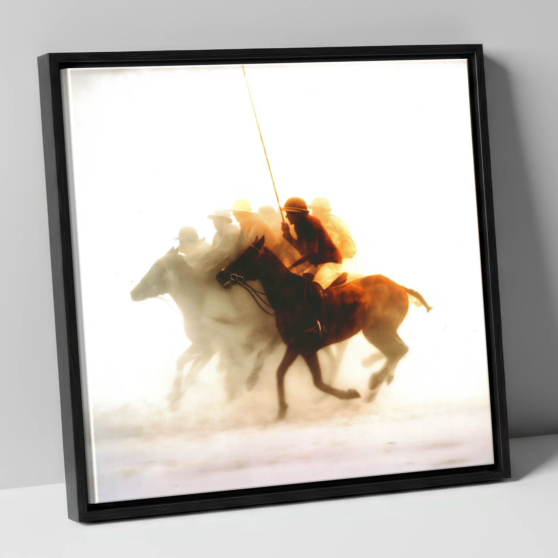 Through the Golden Haze polo horse canvas wall art in black frame