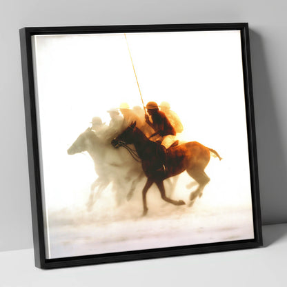 Through the Golden Haze polo horse canvas wall art in black frame