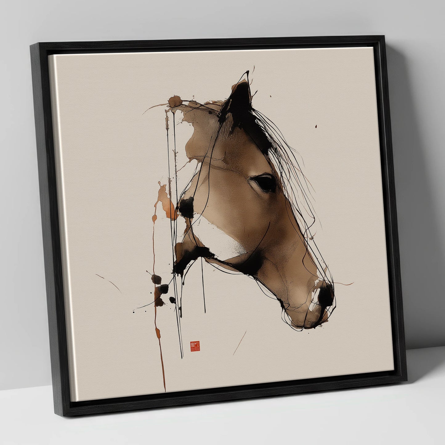Dynamic Sepia Equine Profile horse portrait canvas wall art in black frame