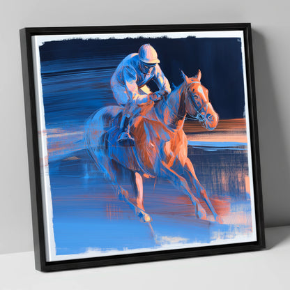Twilight Stretch racing horse canvas wall art in black frame