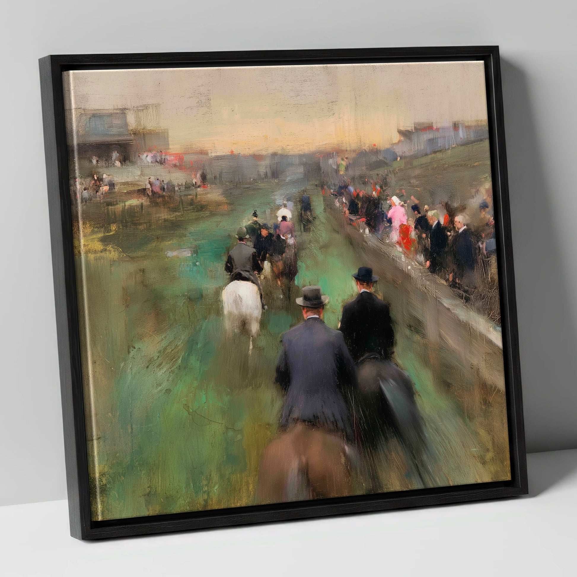 The Paddock Procession racing horse canvas wall art in black frame