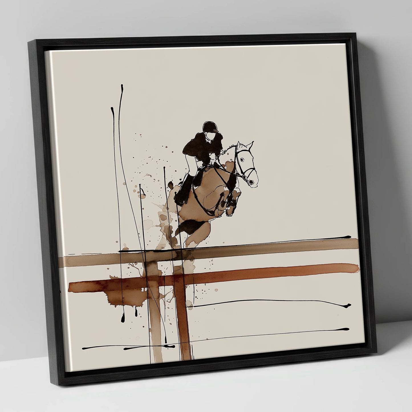 Fluidity of Flight show jumping horse canvas wall art in black frame