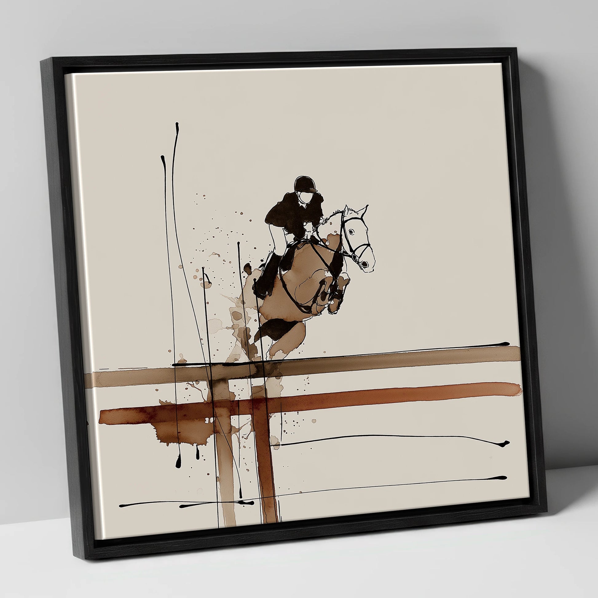 Fluidity of Flight show jumping horse canvas wall art in black frame