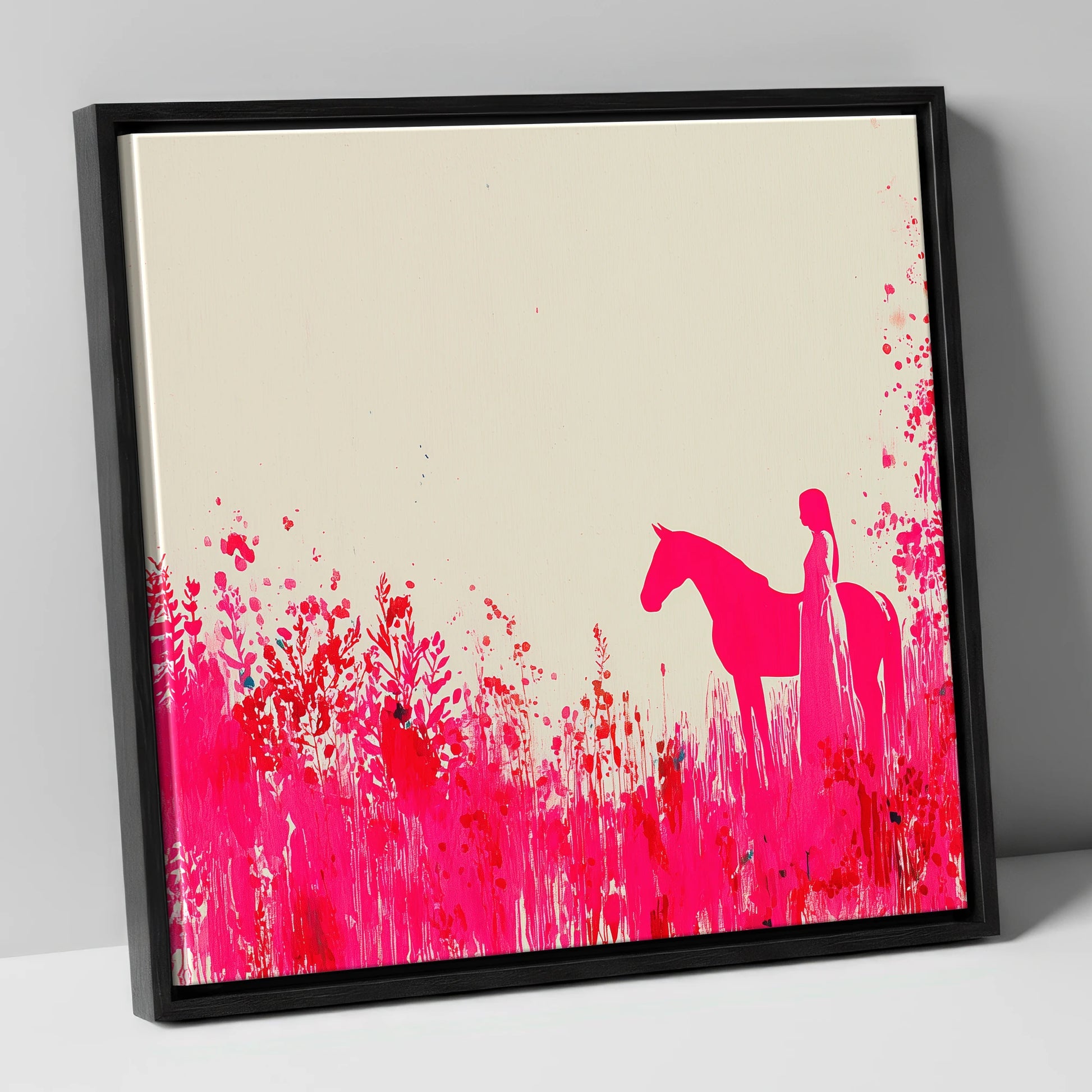 Vibrant Magenta Silhouette horse & rider canvas wall art in black frame
