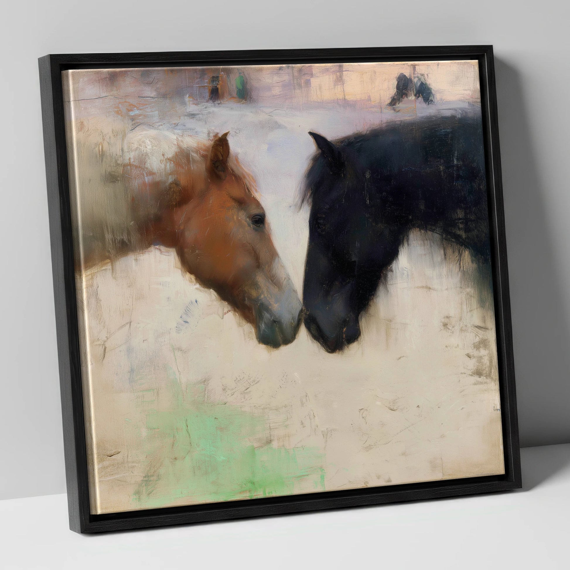Gentle Connection horse portrait canvas wall art in black frame