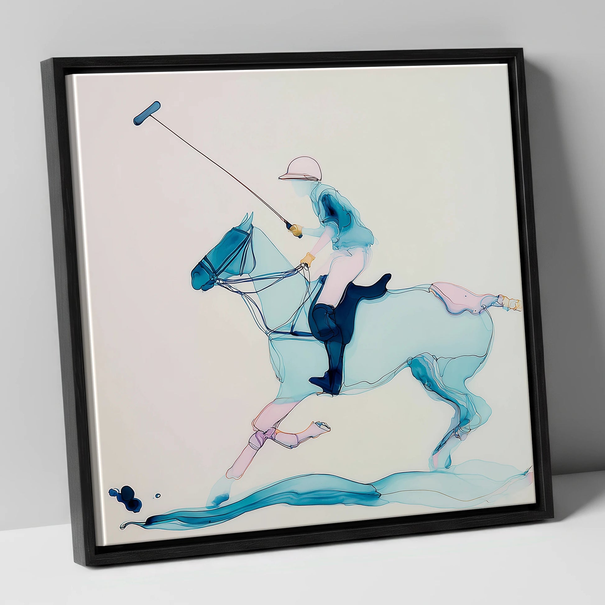 Ethereal Polo Strike polo horse canvas wall art in black frame