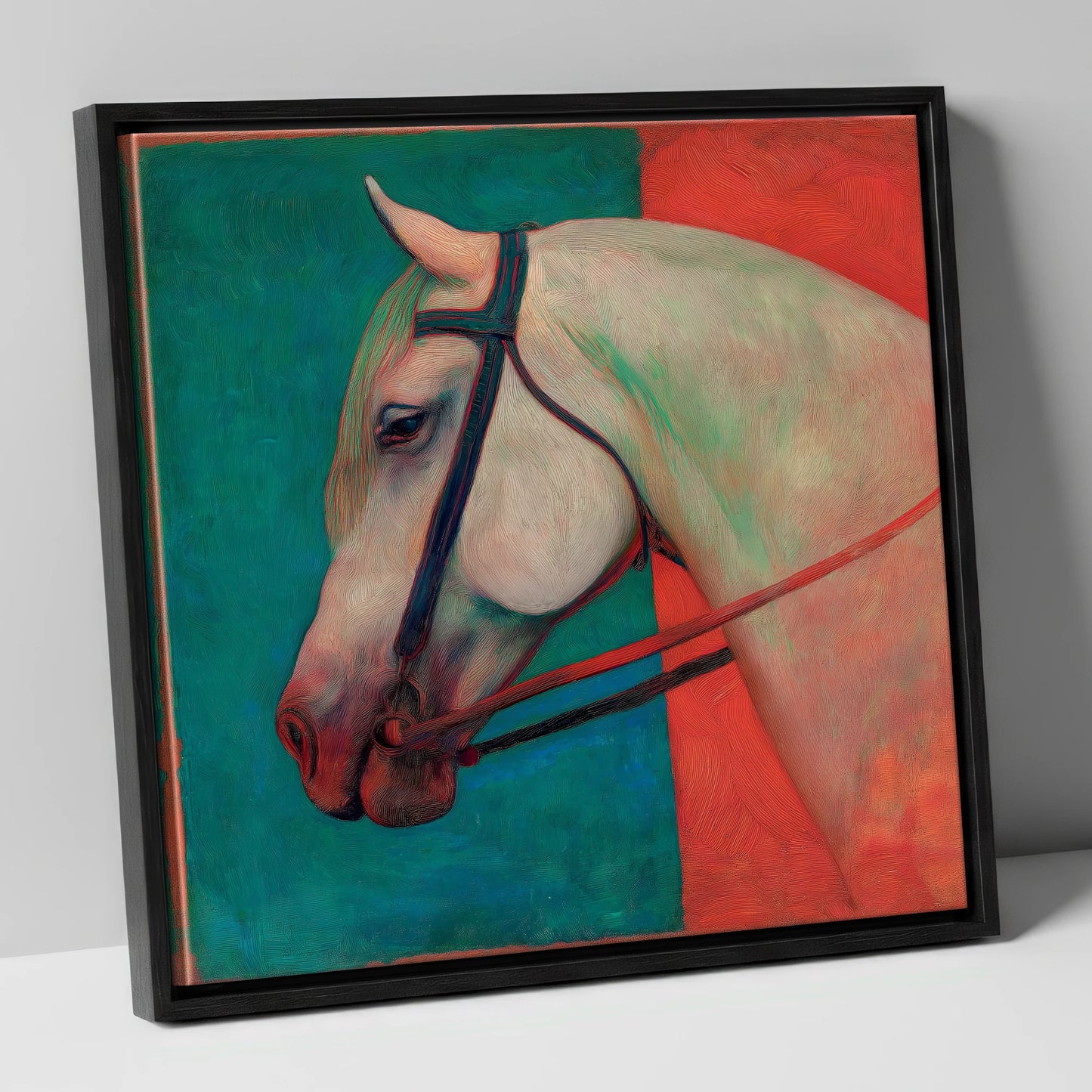 Crimson and Emerald Profile horse breed canvas wall art in black frame