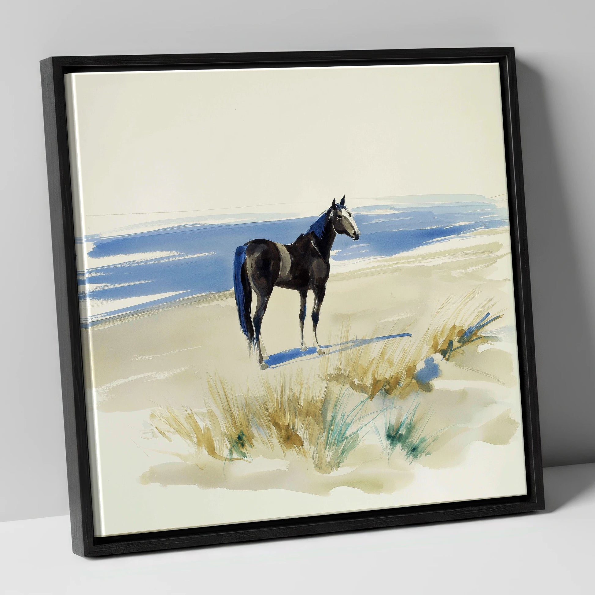 Coastal Silhouette horse landscape canvas wall art in black frame