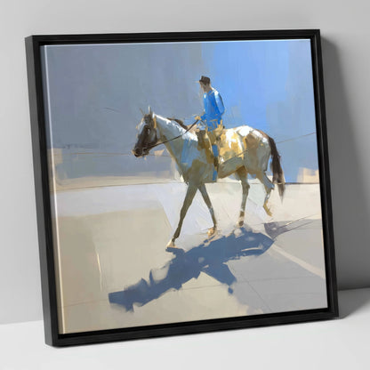 Morning in Blue Silks racing horse canvas wall art in black frame