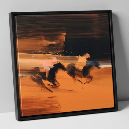 Amber Pursuit racing horse canvas wall art in black frame
