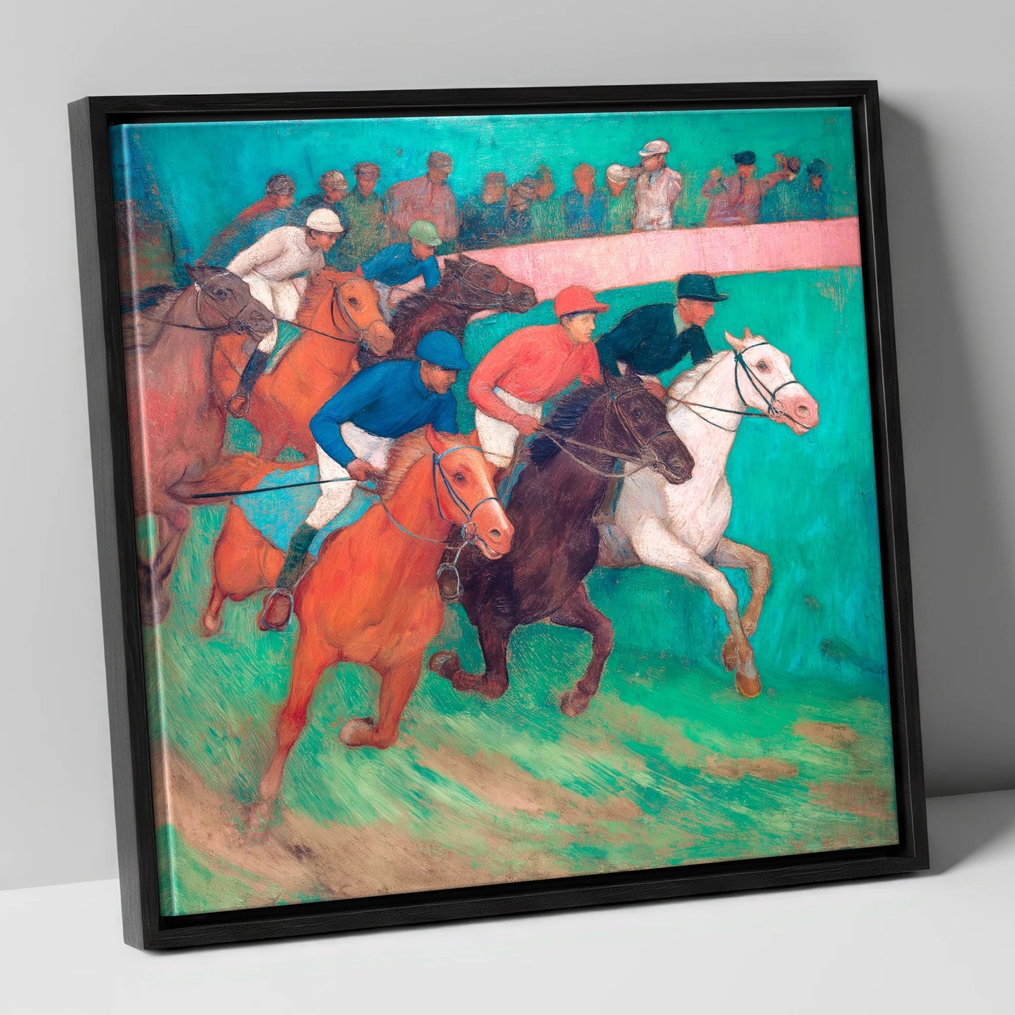 The Vibrant Furlong racing horse canvas wall art in black frame