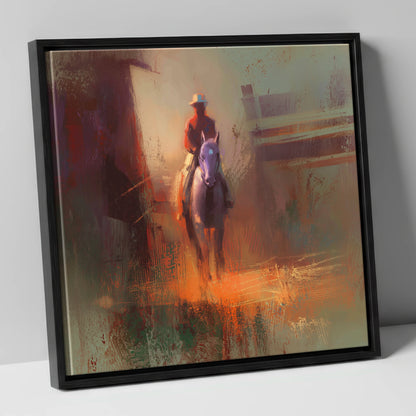 First Light Rider racing horse canvas wall art in black frame
