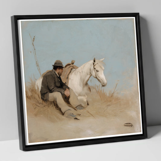 The Journey's Pause horse & rider canvas wall art in black frame