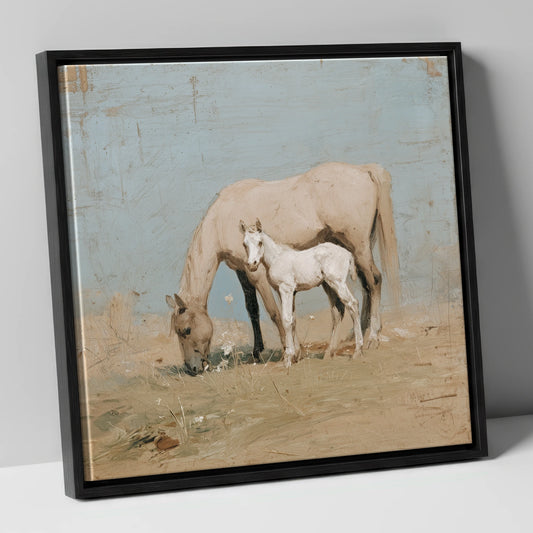 The Quiet Pasture mare & foal canvas wall art in black frame