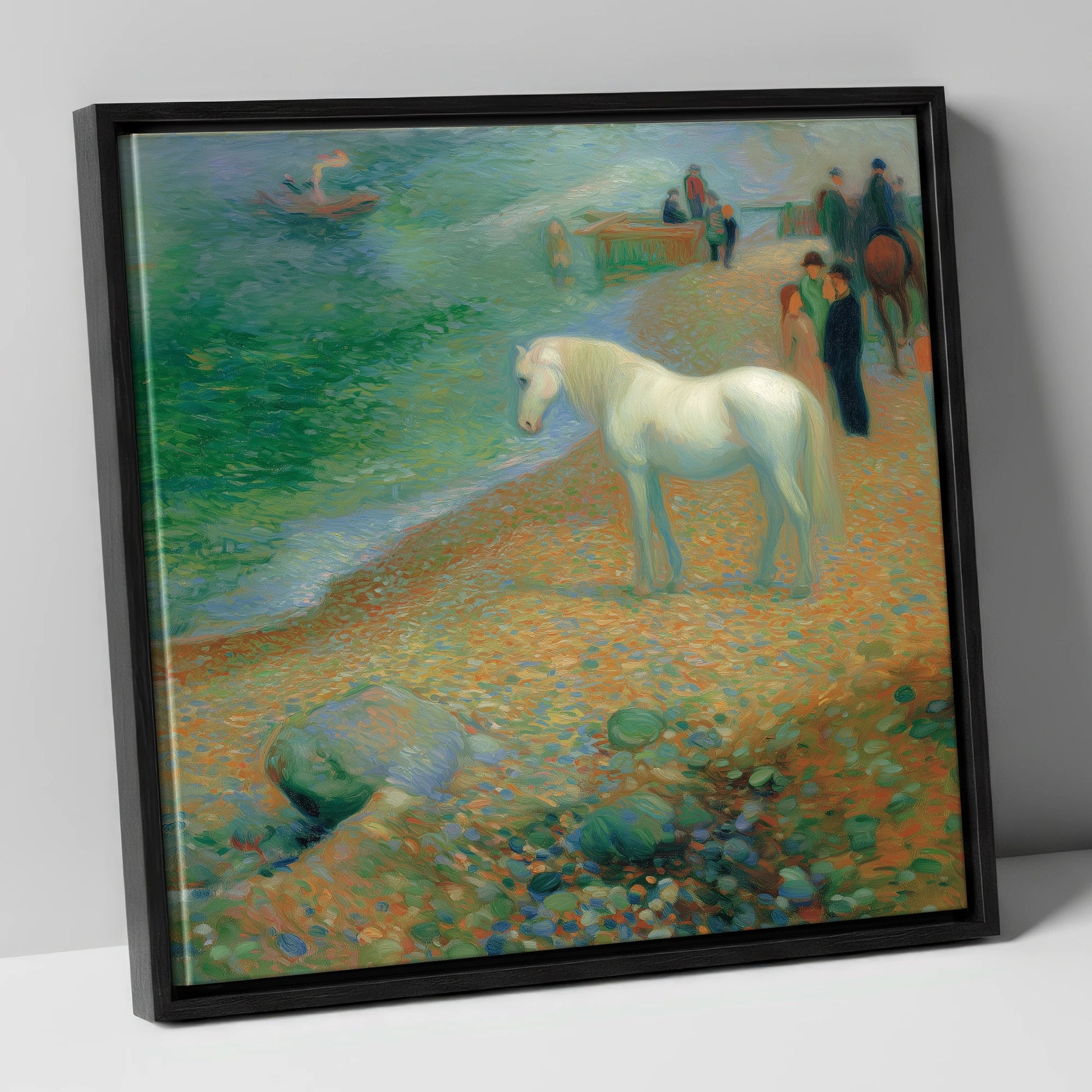 Luminous Shoreline Solitude horse landscape canvas wall art in black frame