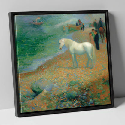 Luminous Shoreline Solitude horse landscape canvas wall art in black frame