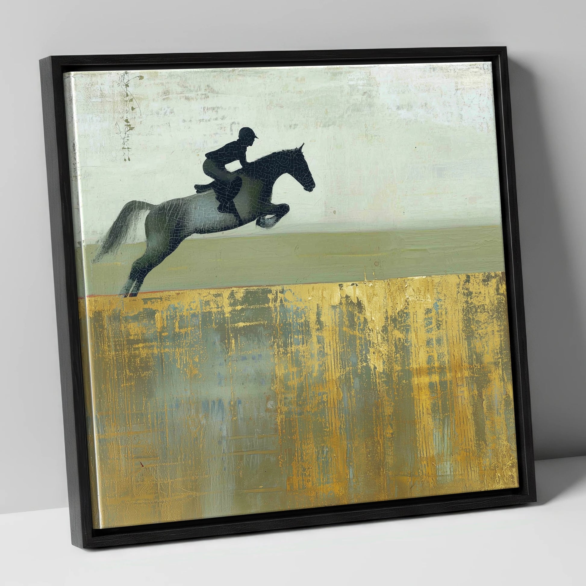 Golden Momentum show jumping horse canvas wall art in black frame