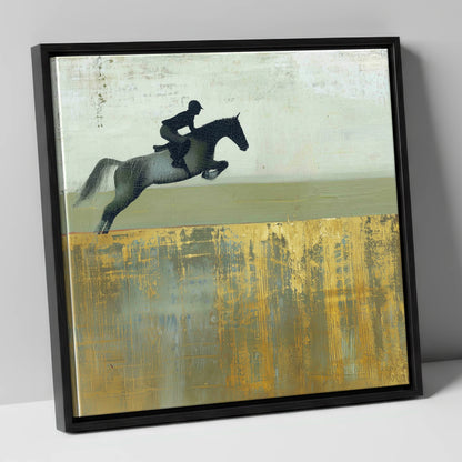 Golden Momentum show jumping horse canvas wall art in black frame