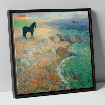 Shoreline Solitude horse landscape canvas wall art in black frame