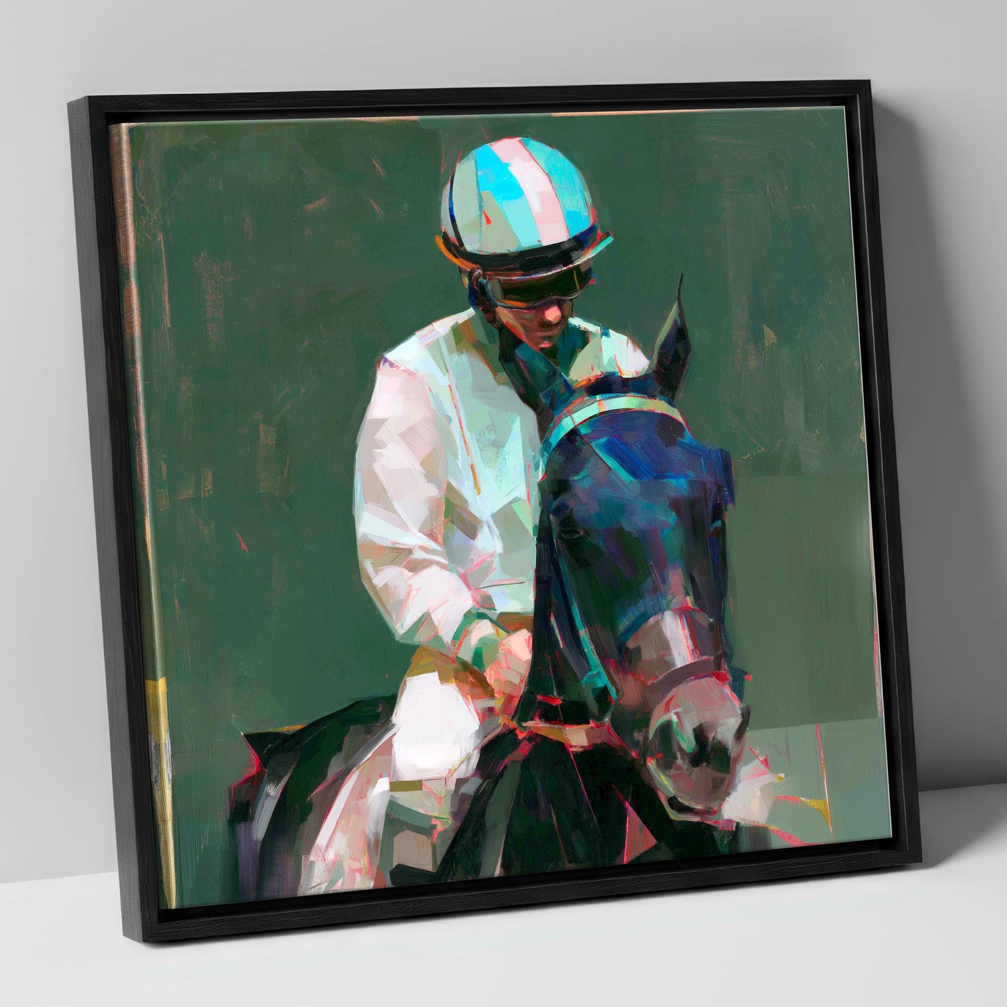 Pre-Race Focus racing horse canvas wall art in black frame