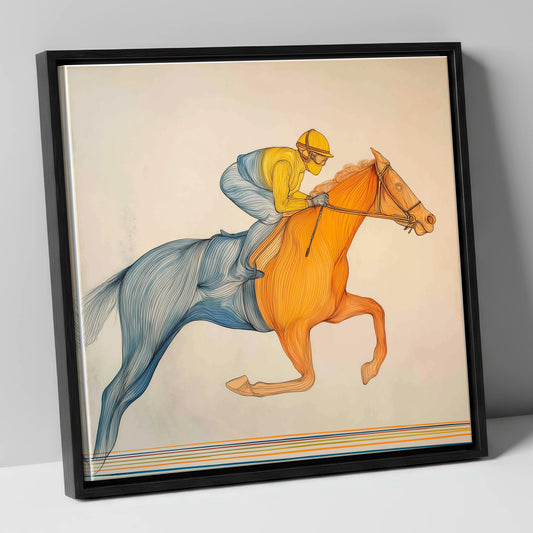 The Fluid Stride racing horse canvas wall art in black frame