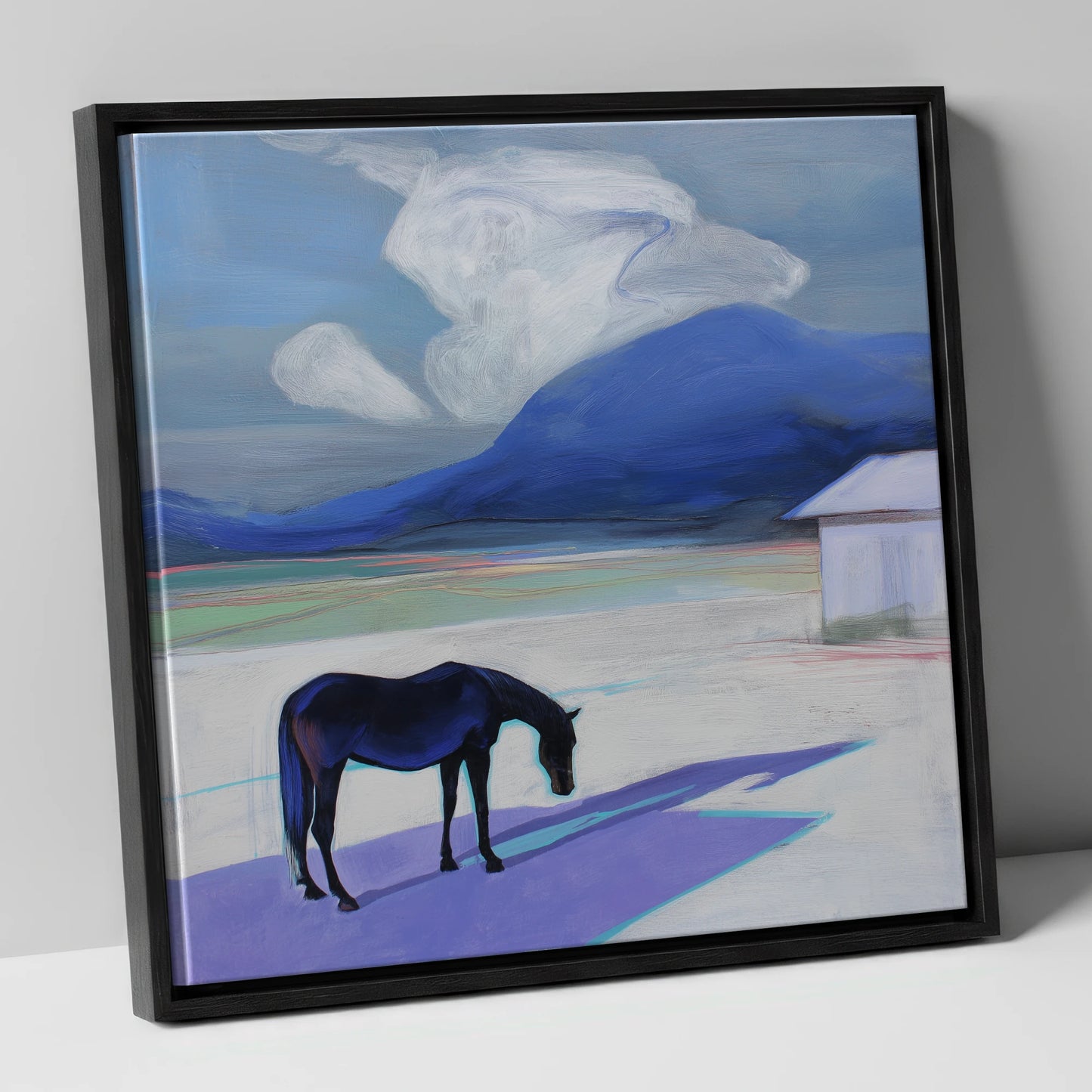 Mountain Solitude horse landscape canvas wall art in black frame