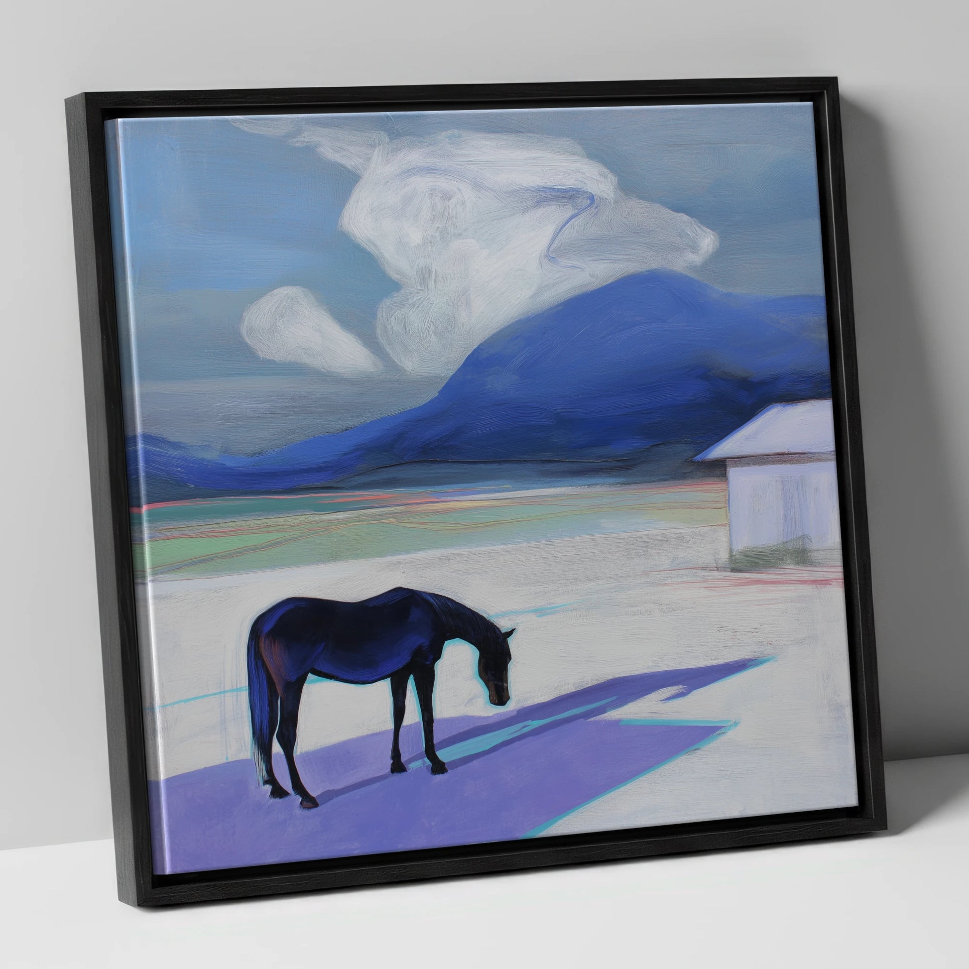 Mountain Solitude horse landscape canvas wall art in black frame