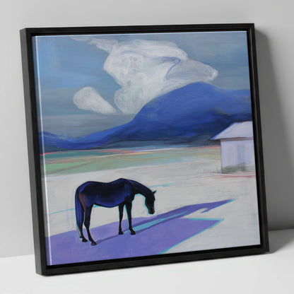 Mountain Solitude horse landscape canvas wall art in black frame
