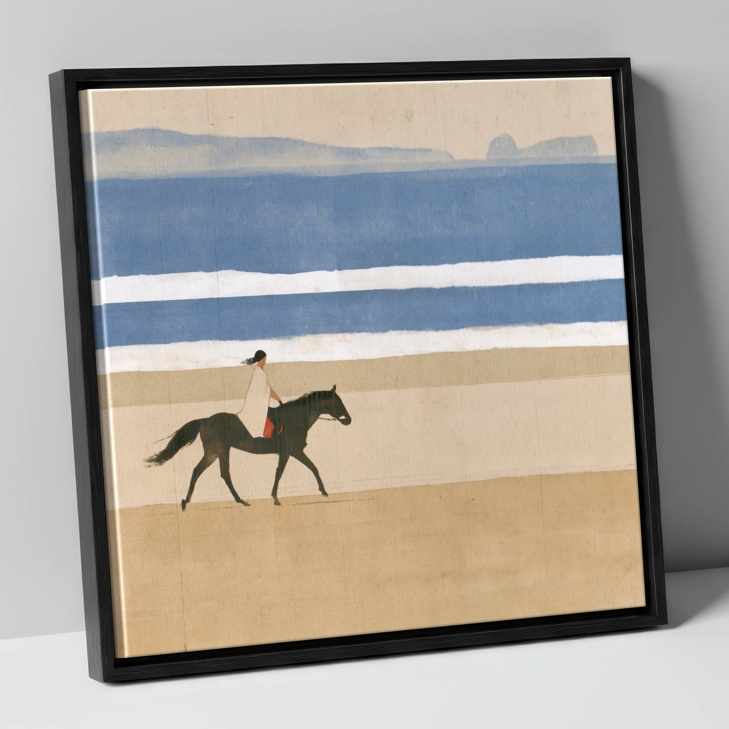 Tranquil Coastal Ride beach horse canvas wall art in black frame