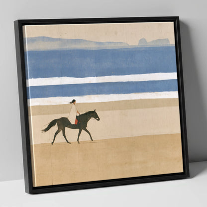 Tranquil Coastal Ride beach horse canvas wall art in black frame